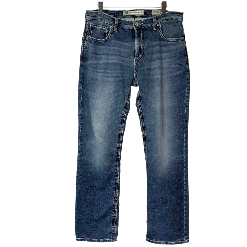 BKE Tyler Straight Blue Jeans 33 Zip Fly Mid Rise Straight Leg Embroidered Denim